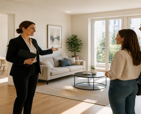 Besichtigungsmanagement bei einer Immobilie: Eine Immobilienmaklerin führt ein Paar durch eine moderne Wohnung und berät die Interessenten während der Besichtigung. I Besichtigungsmanagement