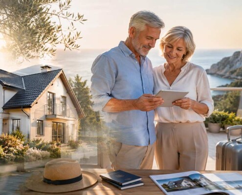 Älteres Ehepaar plant den Lebensabend im Ausland und informiert sich mit Immobilienunterlagen über ein neues Zuhause in sonniger Lage am Meer. I Lebensabend im Ausland