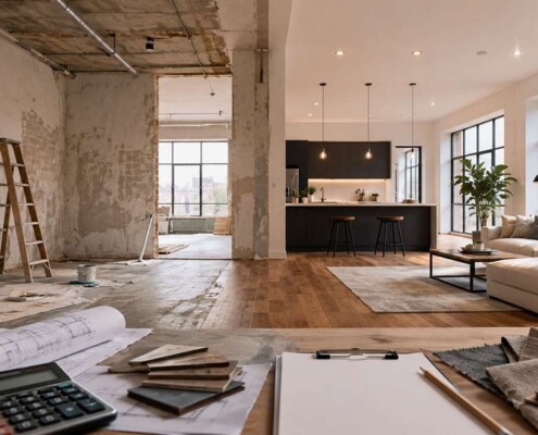 Gegenüberstellung einer renovierungsbedürftigen Wohnung und eines modern eingerichteten Wohnbereichs – vom Sanierungsobjekt zur verkaufsfertigen Immobilie beim Fix-and-Flip. I Fix&Flip