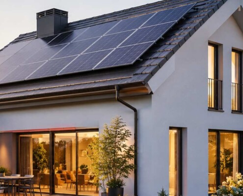 Modernes Einfamilienhaus mit Solaranlage auf dem Dach, als Beispiel für den Umgang mit Photovoltaik beim Hausverkauf. I Solaranlage