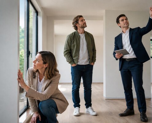 Ein Paar besichtigt gemeinsam mit einem Immobilienmakler ein helles, modernes Haus. Während die Frau die Fenster prüft, betrachtet der Mann den Raum und der Makler erläutert Details zur Immobilie.