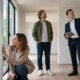 Ein Paar besichtigt gemeinsam mit einem Immobilienmakler ein helles, modernes Haus. Während die Frau die Fenster prüft, betrachtet der Mann den Raum und der Makler erläutert Details zur Immobilie.