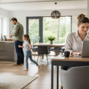 Familie in einem modernen Zuhause, während eine Frau am Laptop im Homeoffice arbeitet – Symbolbild zum Thema Homeoffice-Boom und veränderte Wohnbedürfnisse.