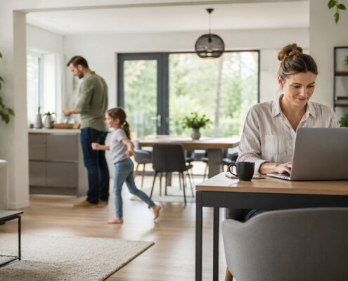 Familie in einem modernen Zuhause, während eine Frau am Laptop im Homeoffice arbeitet – Symbolbild zum Thema Homeoffice-Boom und veränderte Wohnbedürfnisse.