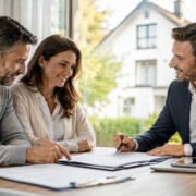 Beratungsgespräch zur Versicherung beim Hauskauf mit einem Paar und einem Immobilienexperte.